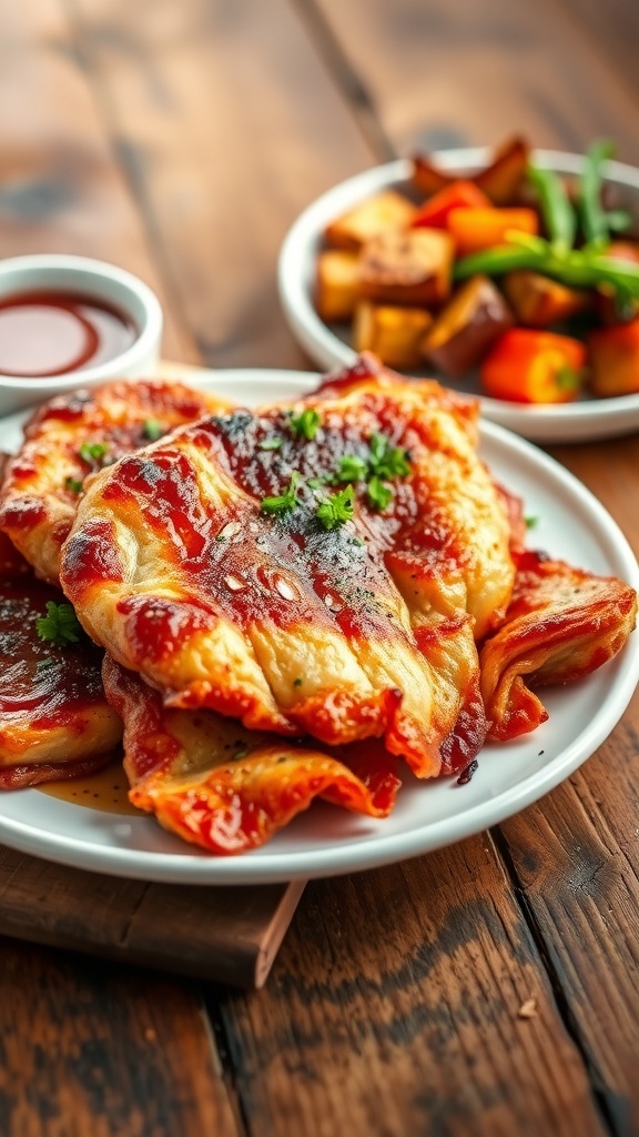 Crispy air fryer pork rashers served on a plate with herbs and roasted vegetables.